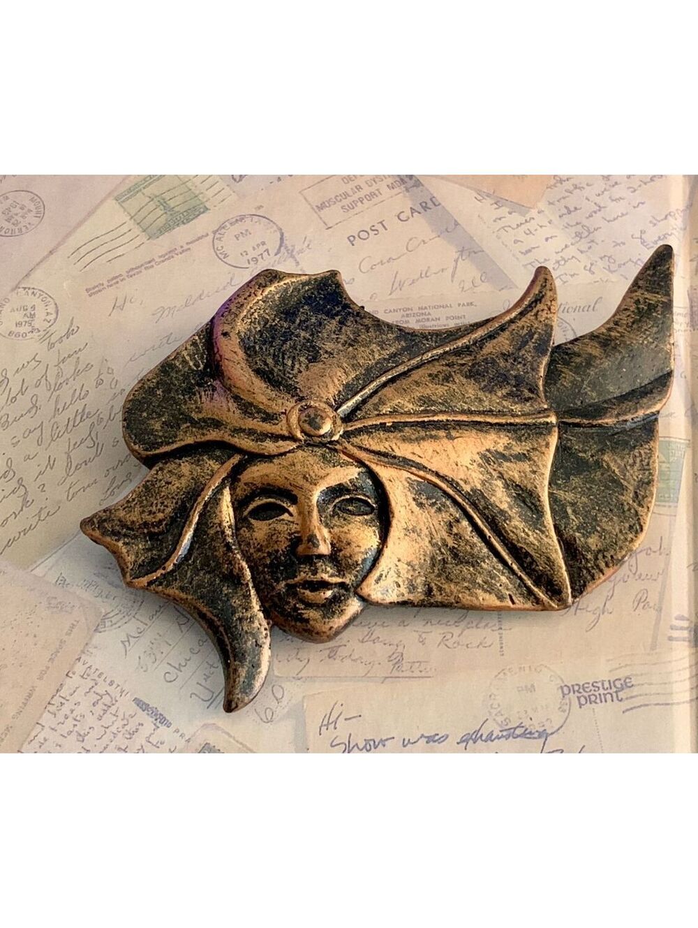 Vintage Venetian Mask Resin Brooch in Antiqued Bronze Patina Finish